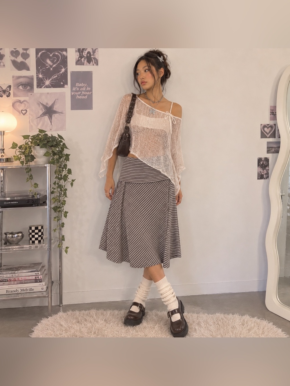 Striped Fold-Over Maxi Skirt in Taupe and White glittery Y2K Size Medium